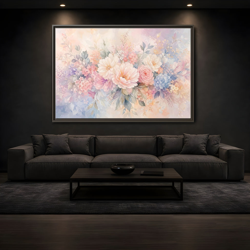Mockup 3. Floral Assorted Flowers Pastel Floral shown as stretched canvas wall art