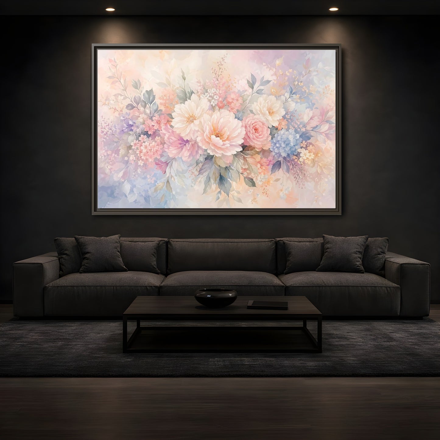 Mockup 3. Floral Assorted Flowers Pastel Floral shown as stretched canvas wall art