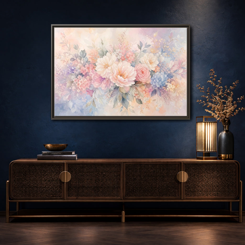 Mockup 4. Floral Assorted Flowers Pastel Floral shown as stretched canvas wall art