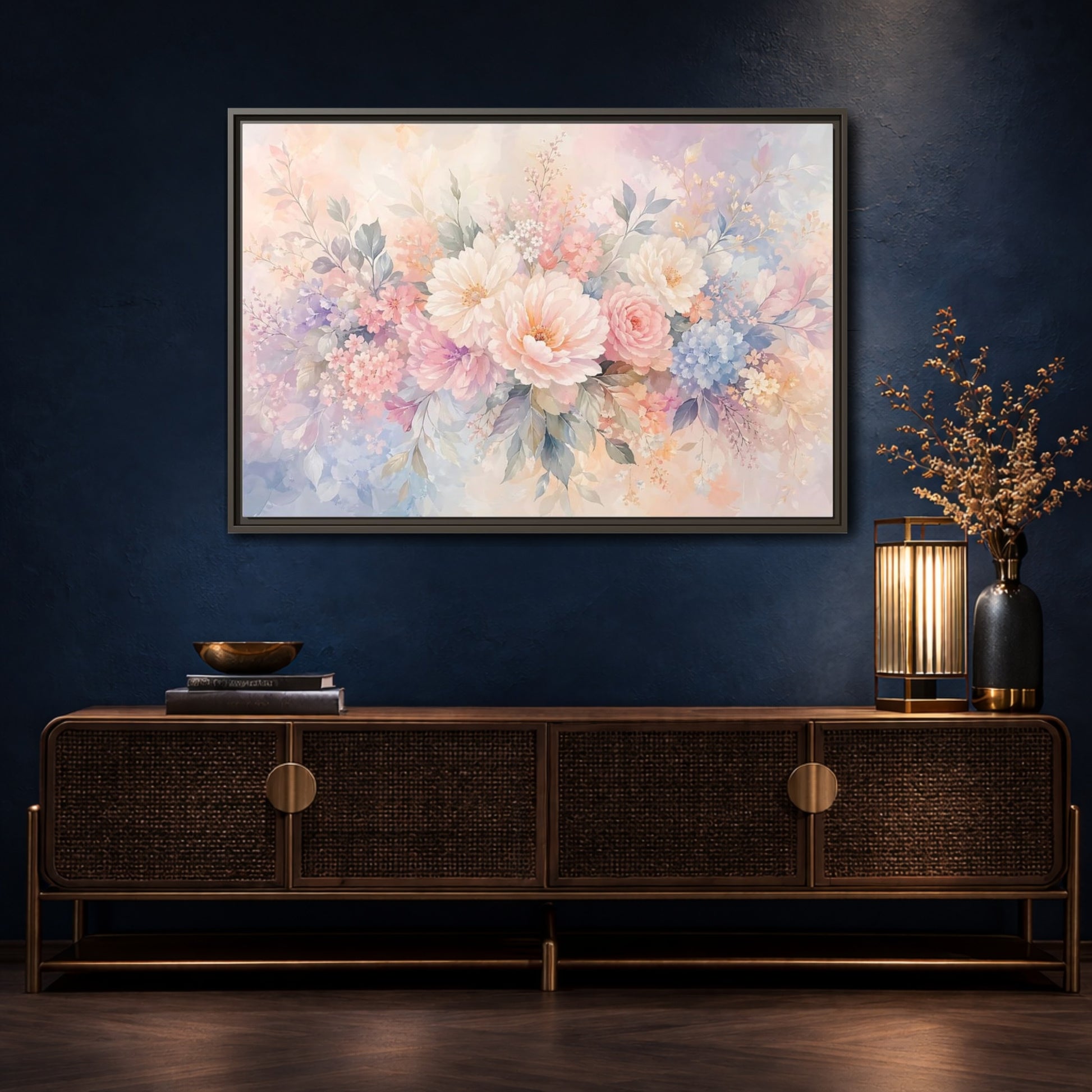 Mockup 4. Floral Assorted Flowers Pastel Floral shown as stretched canvas wall art