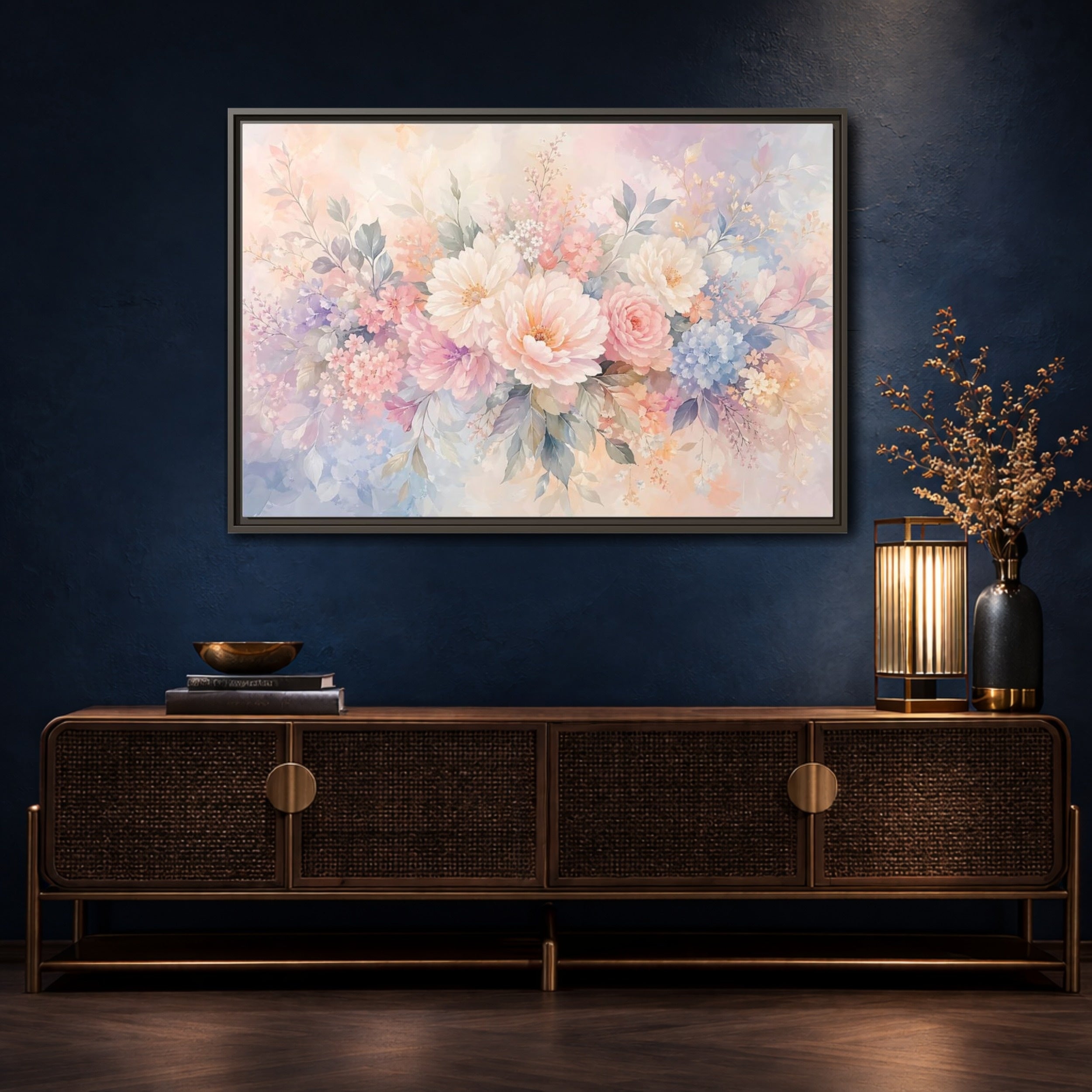 Mockup 4. Floral Assorted Flowers Pastel Floral shown as stretched canvas wall art
