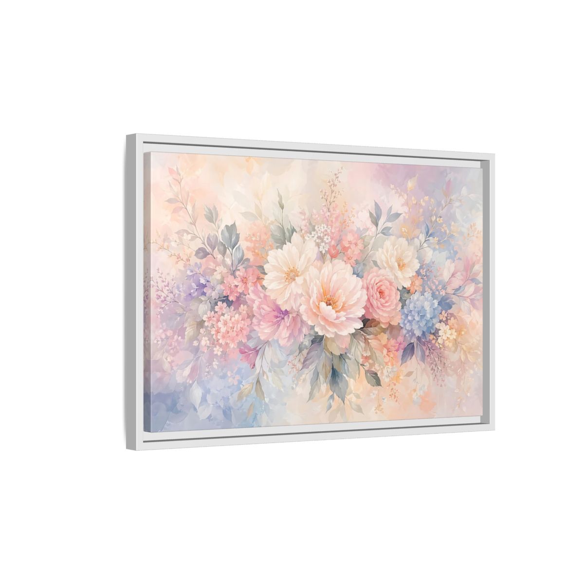 Side Mockup 1. Floral Assorted Flowers Pastel Floral shown as stretched canvas wall art