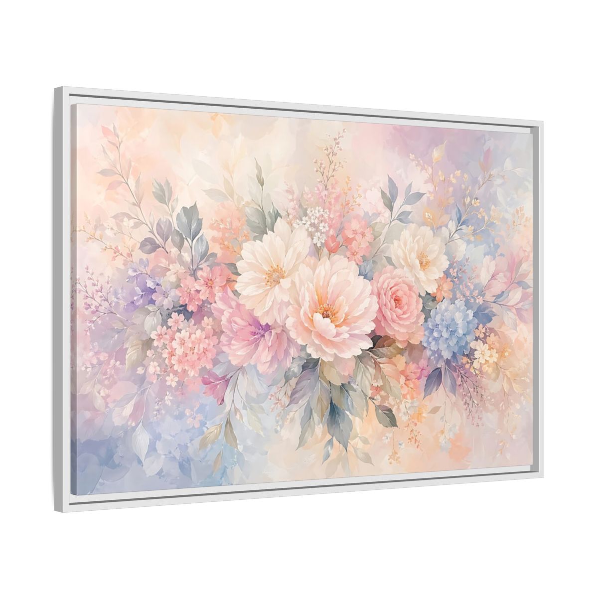 Side Mockup 9. Floral Assorted Flowers Pastel Floral shown as stretched canvas wall art
