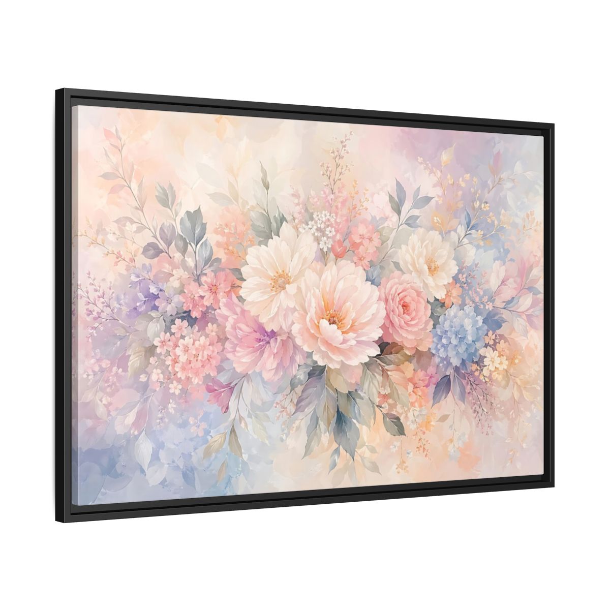 Side Mockup 13. Floral Assorted Flowers Pastel Floral shown as stretched canvas wall art