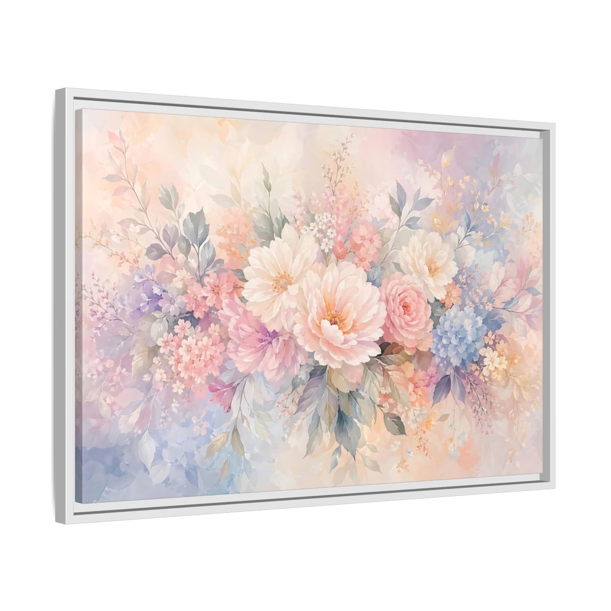 Side Mockup 10. Floral Assorted Flowers Pastel Floral shown as stretched canvas wall art