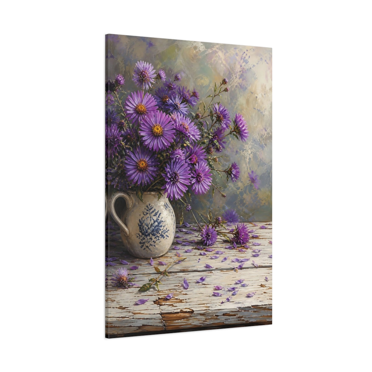 Side Mockup 1. Floral Aster Flowers Purple Floral shown as stretched canvas wall art