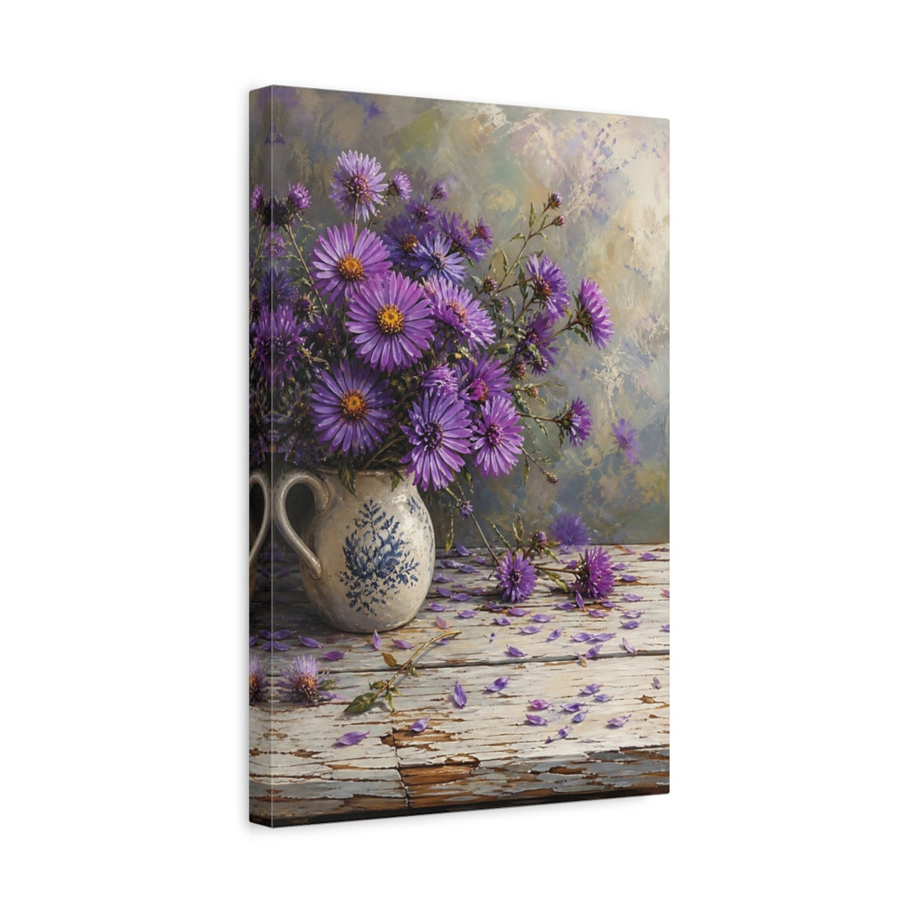 Side Mockup 4. Floral Aster Flowers Purple Floral shown as stretched canvas wall art