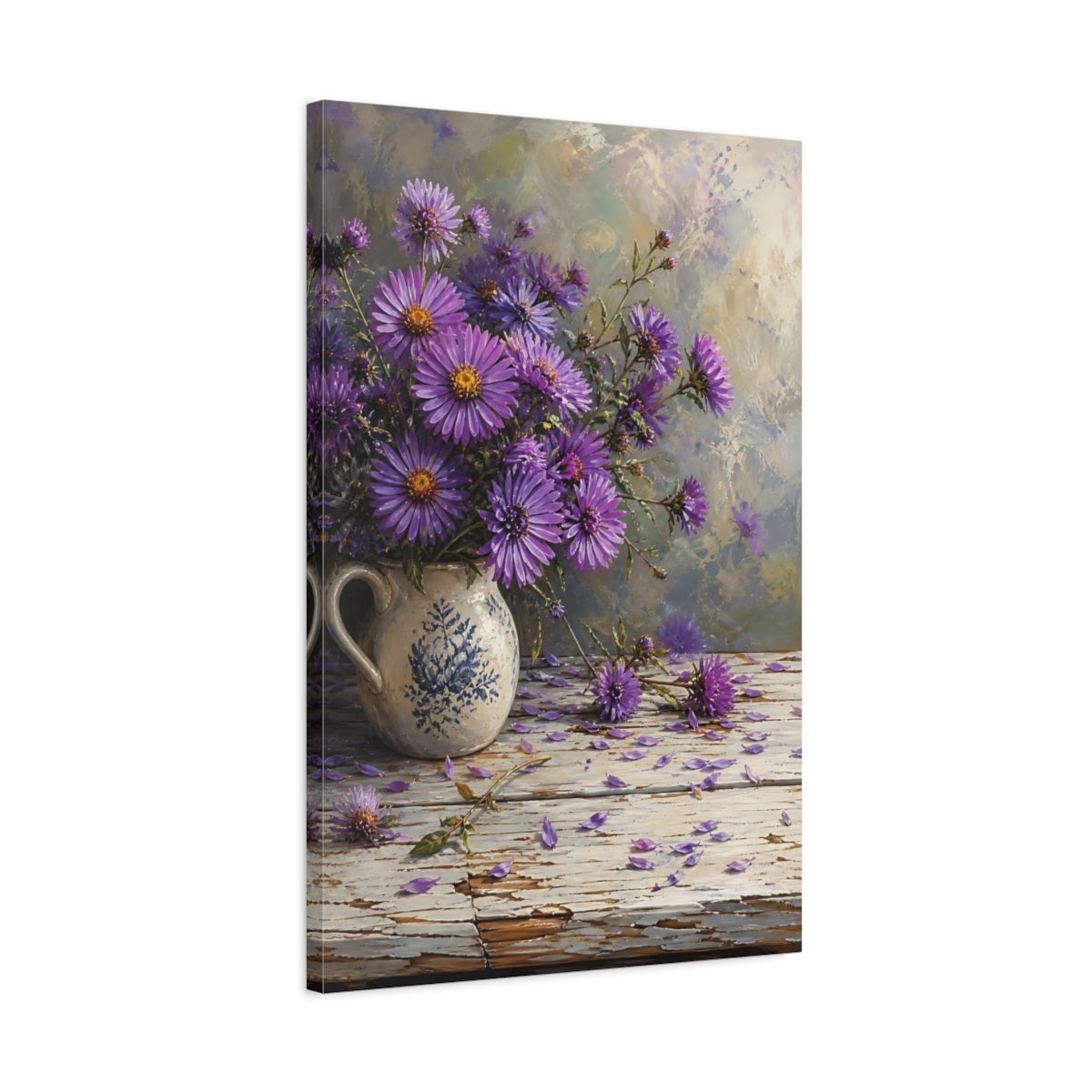 Side Mockup 2. Floral Aster Flowers Purple Floral shown as stretched canvas wall art