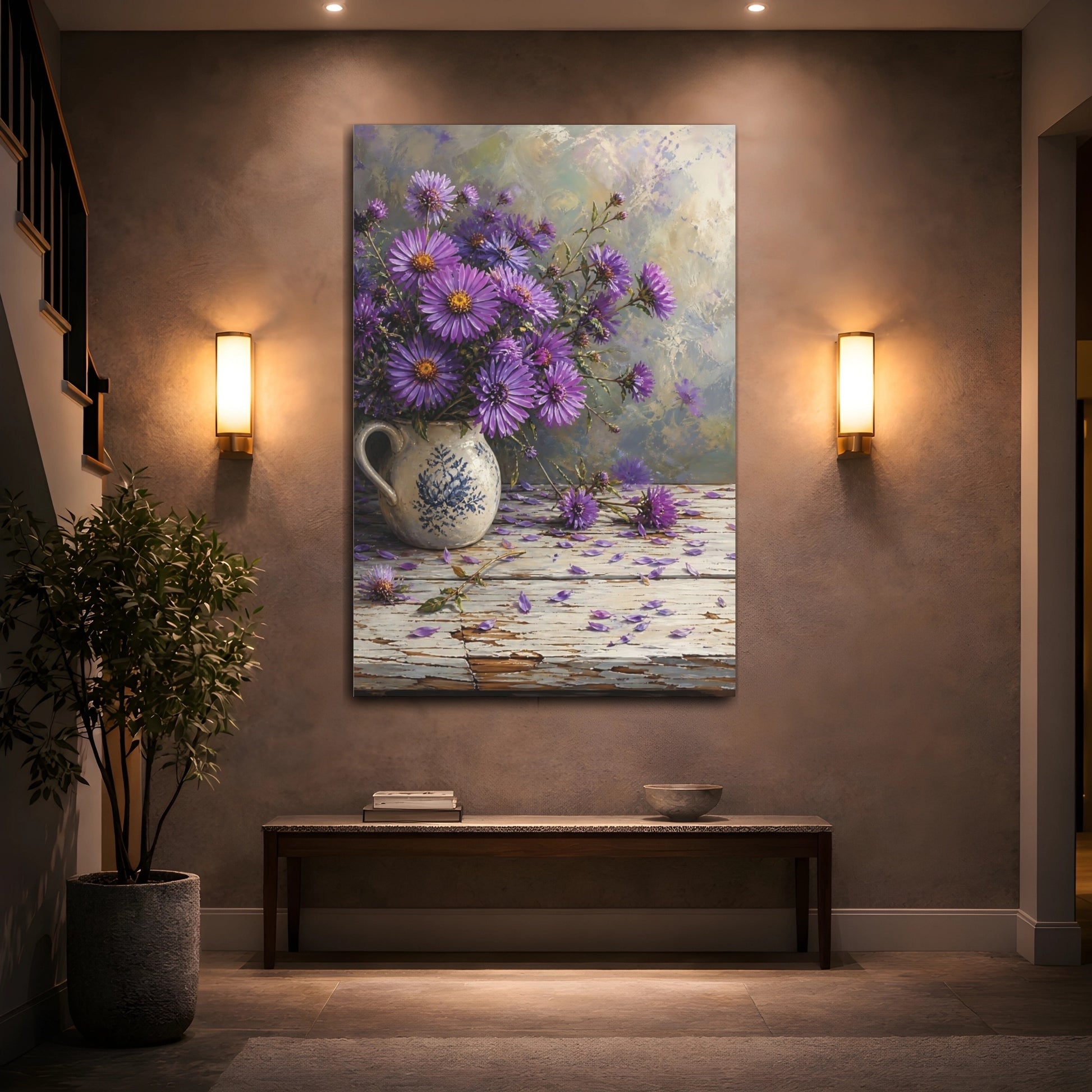 Mockup 2. Floral Aster Flowers Purple Floral shown as stretched canvas wall art