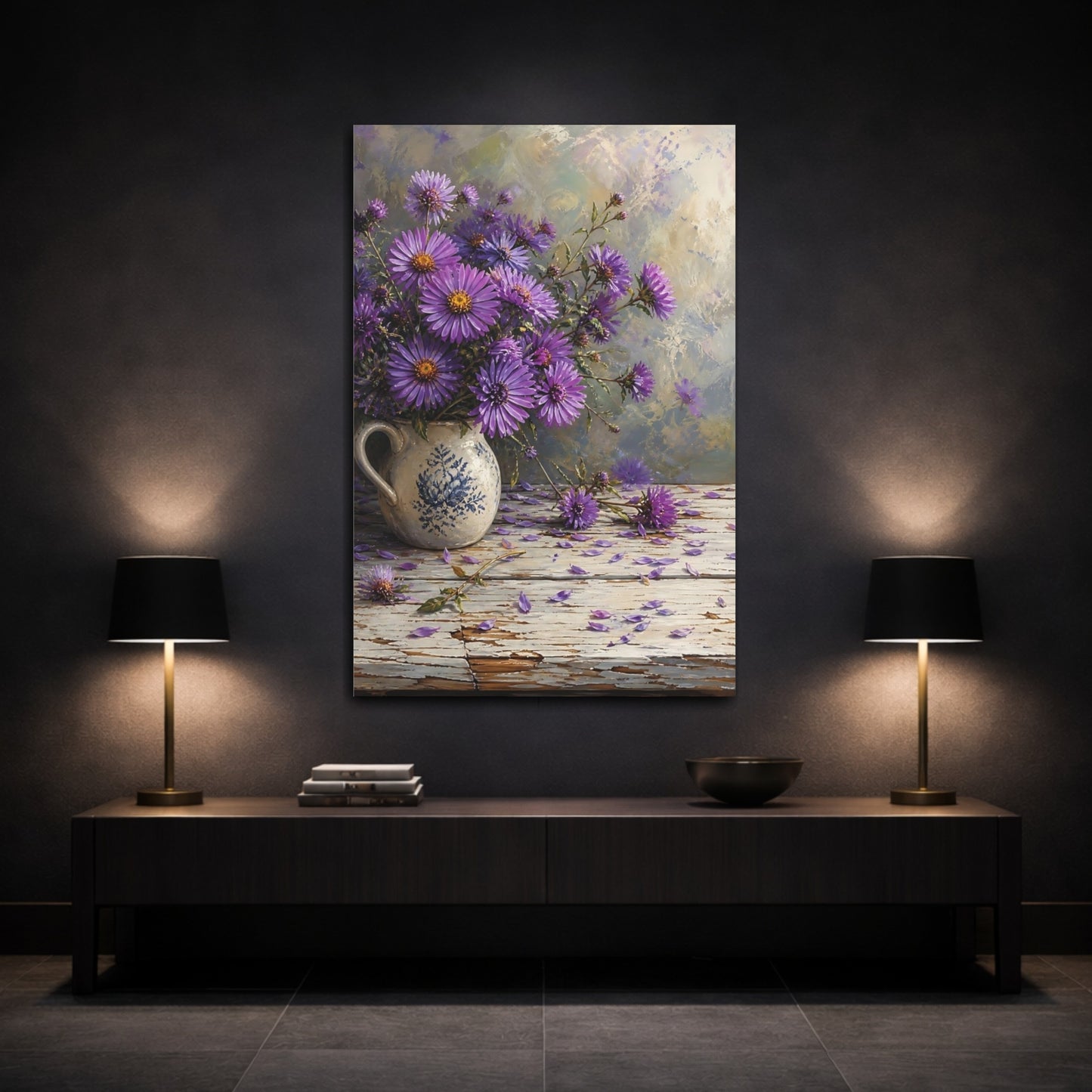 Mockup 3. Floral Aster Flowers Purple Floral shown as stretched canvas wall art