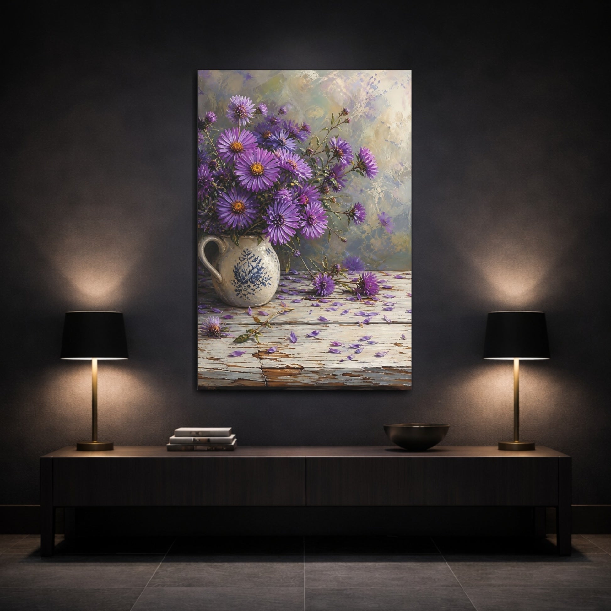 Mockup 3. Floral Aster Flowers Purple Floral shown as stretched canvas wall art