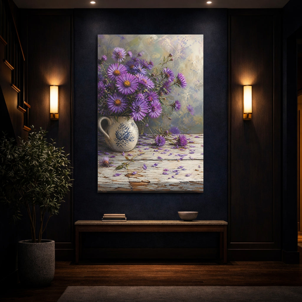 Mockup 4. Floral Aster Flowers Purple Floral shown as stretched canvas wall art