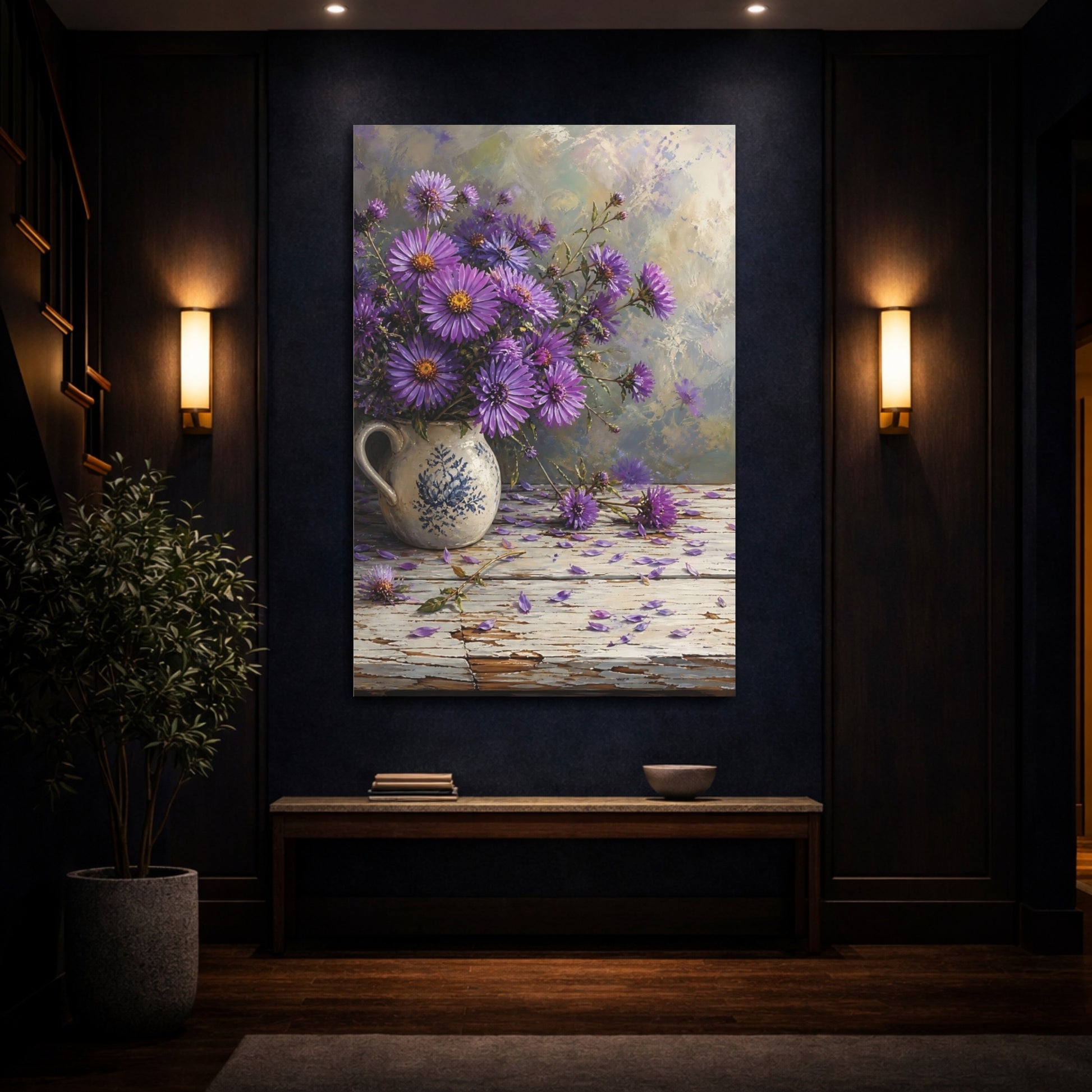 Mockup 4. Floral Aster Flowers Purple Floral shown as stretched canvas wall art