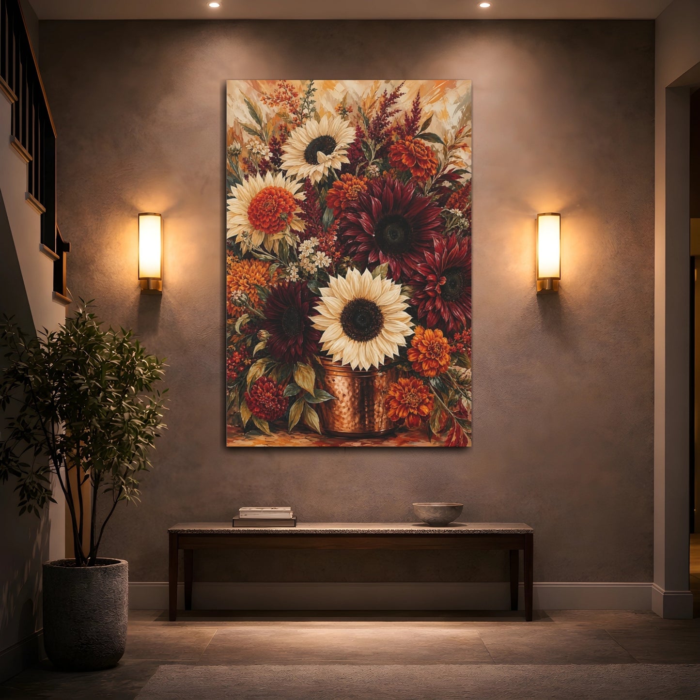 Mockup 2. Floral Autumn Flowers Warm Autumn Floral shown as stretched canvas wall art