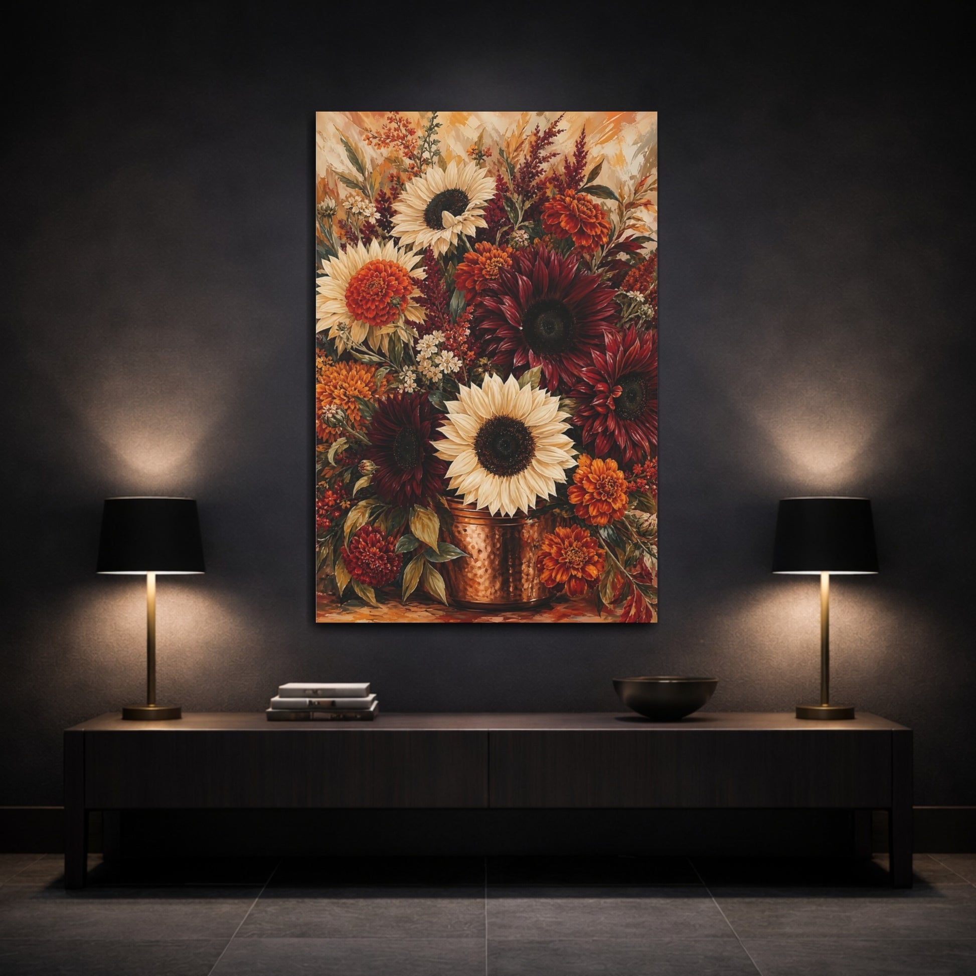 Mockup 3. Floral Autumn Flowers Warm Autumn Floral shown as stretched canvas wall art