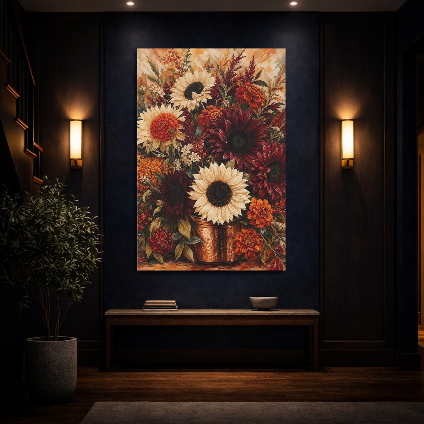 Mockup 4. Floral Autumn Flowers Warm Autumn Floral shown as stretched canvas wall art