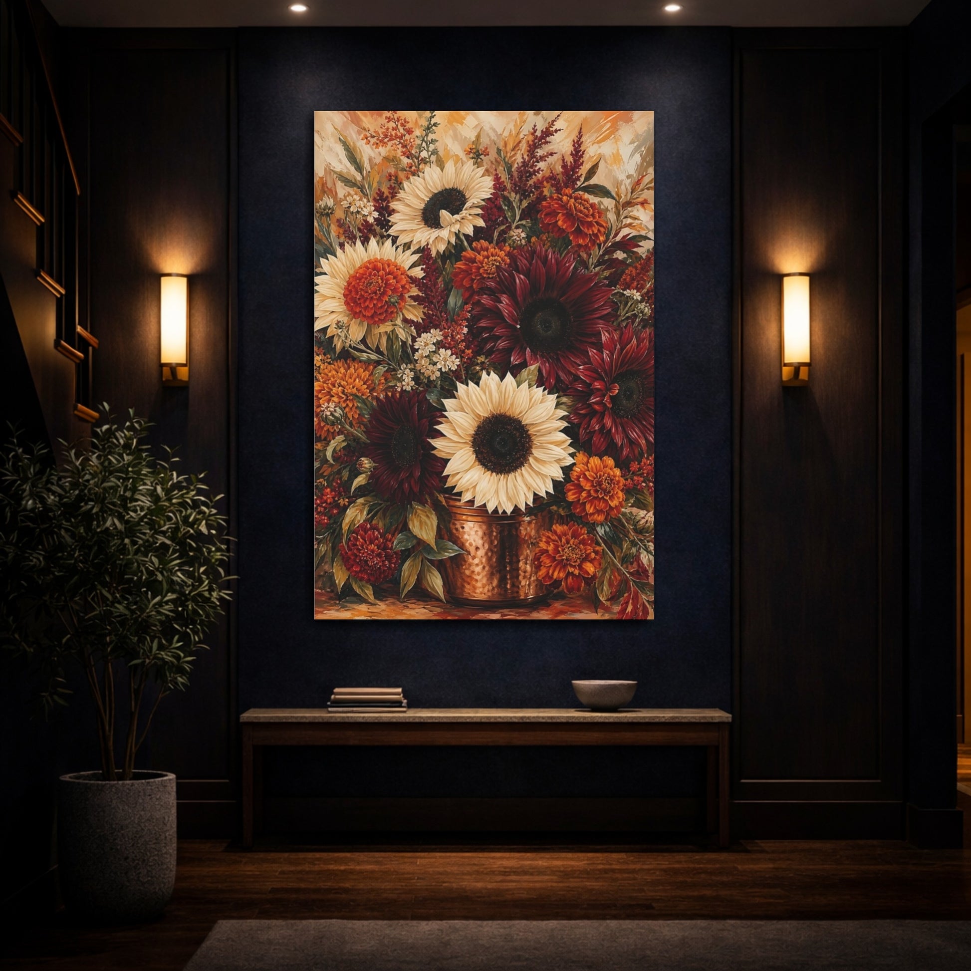 Mockup 4. Floral Autumn Flowers Warm Autumn Floral shown as stretched canvas wall art