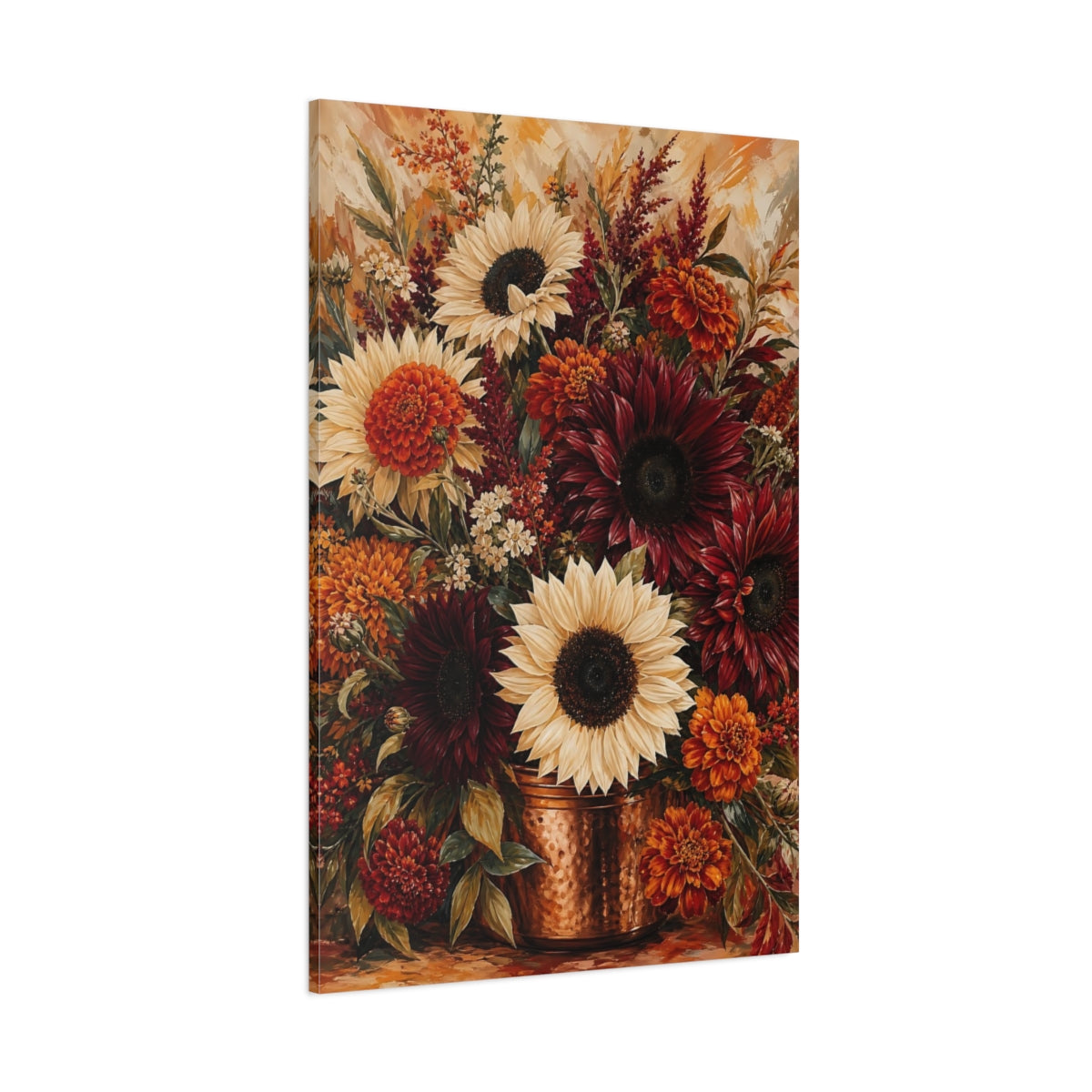 Side Mockup 1. Floral Autumn Flowers Warm Autumn Floral shown as stretched canvas wall art