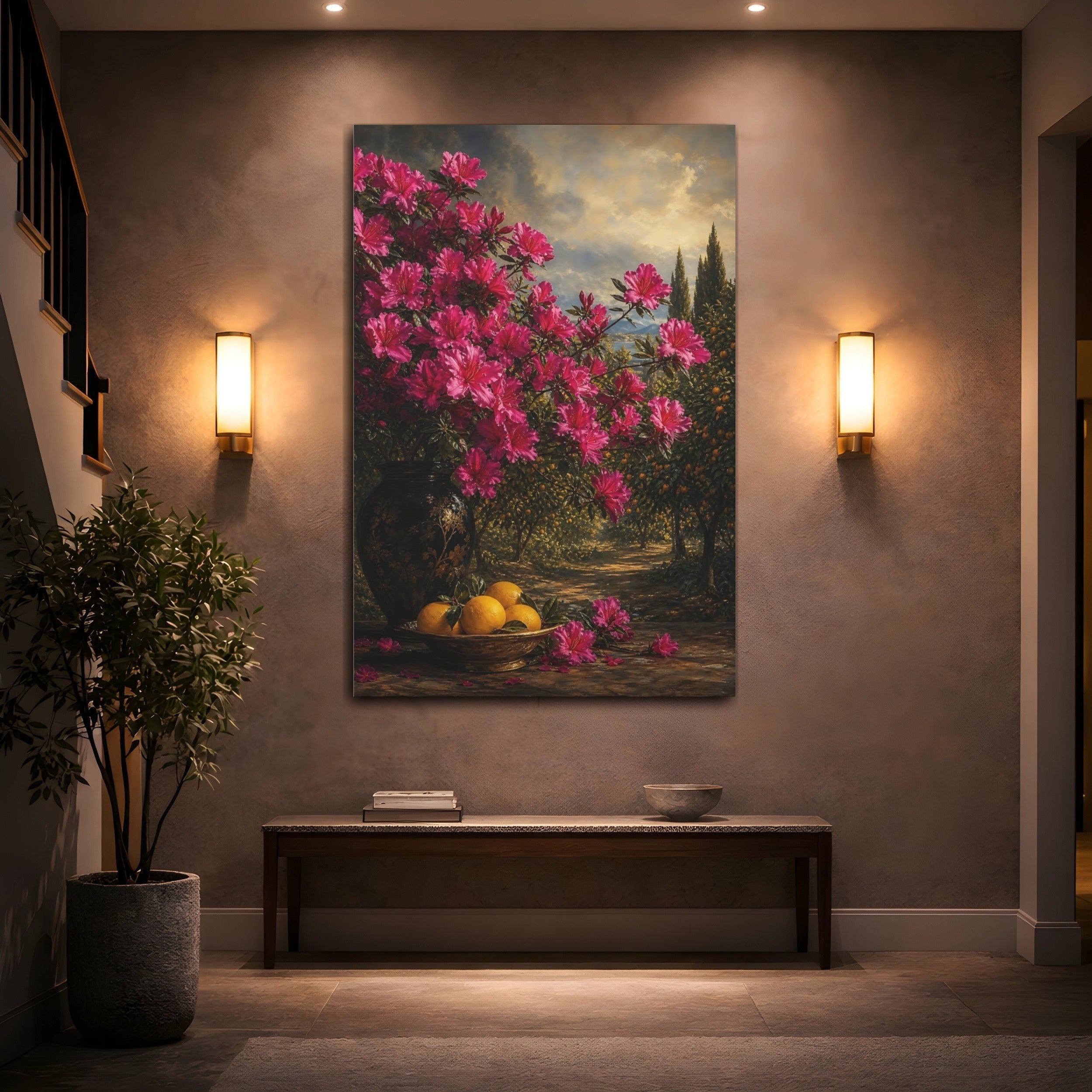 Mockup 2. Floral Azalea Flowers Pink Floral Landscape shown as stretched canvas wall art