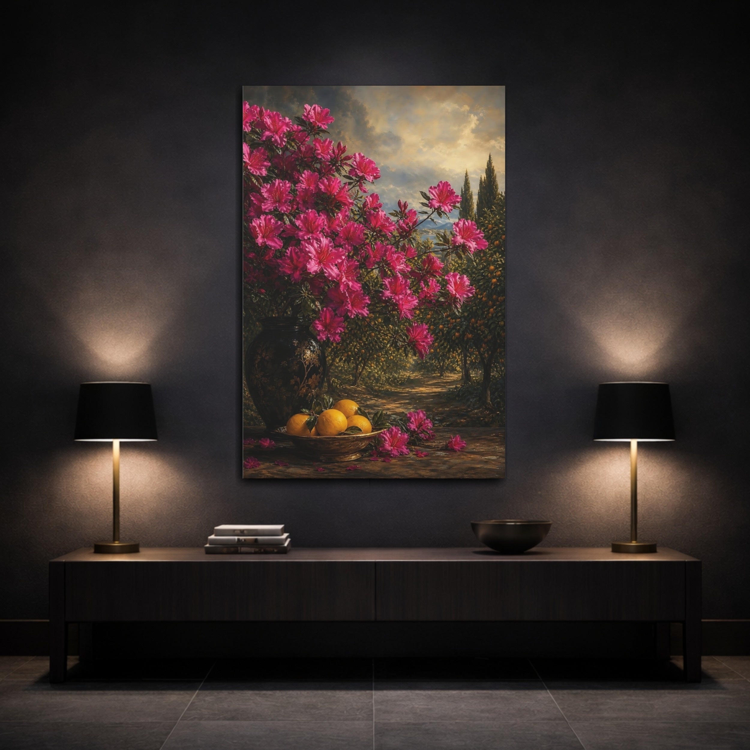 Mockup 3. Floral Azalea Flowers Pink Floral Landscape shown as stretched canvas wall art