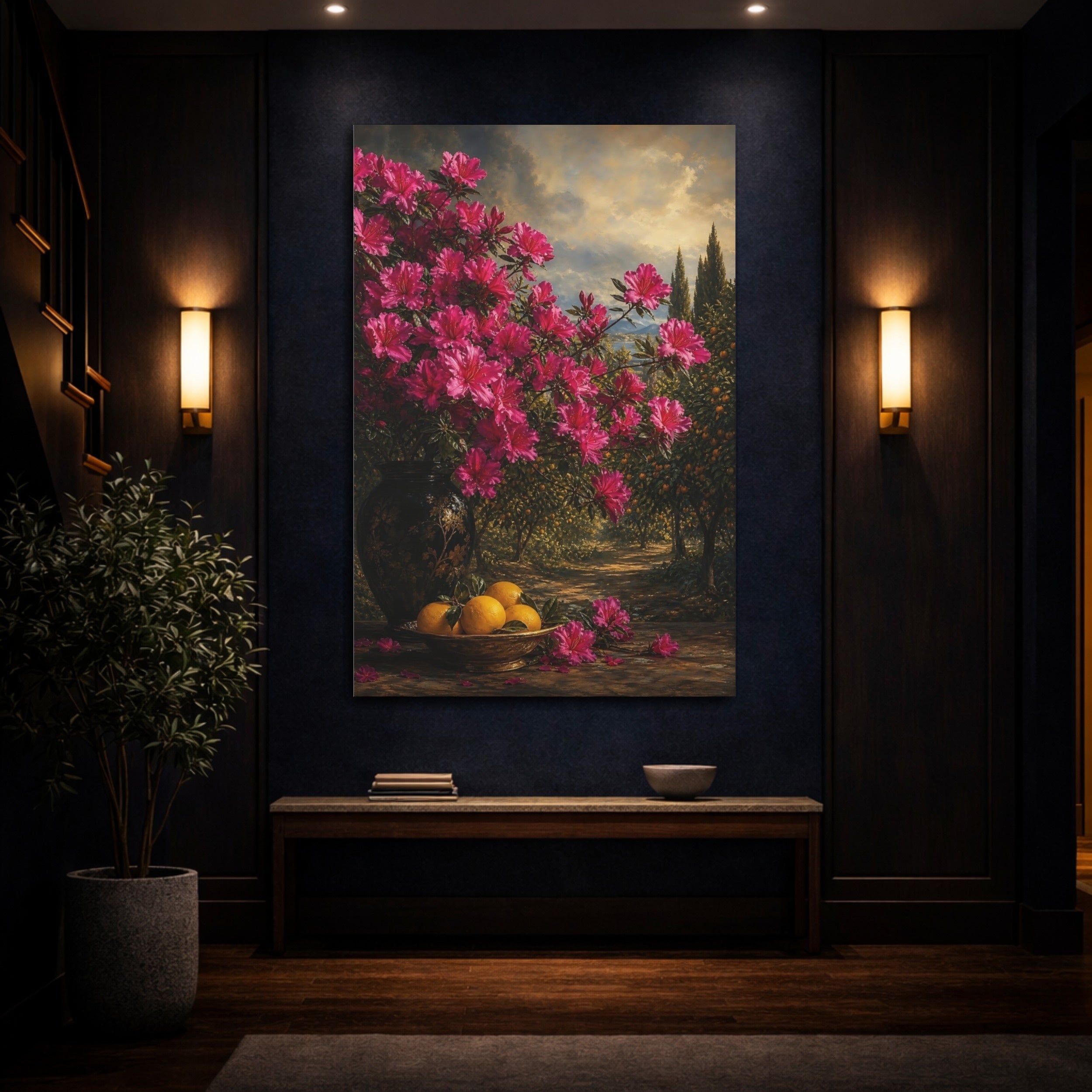 Mockup 4. Floral Azalea Flowers Pink Floral Landscape shown as stretched canvas wall art