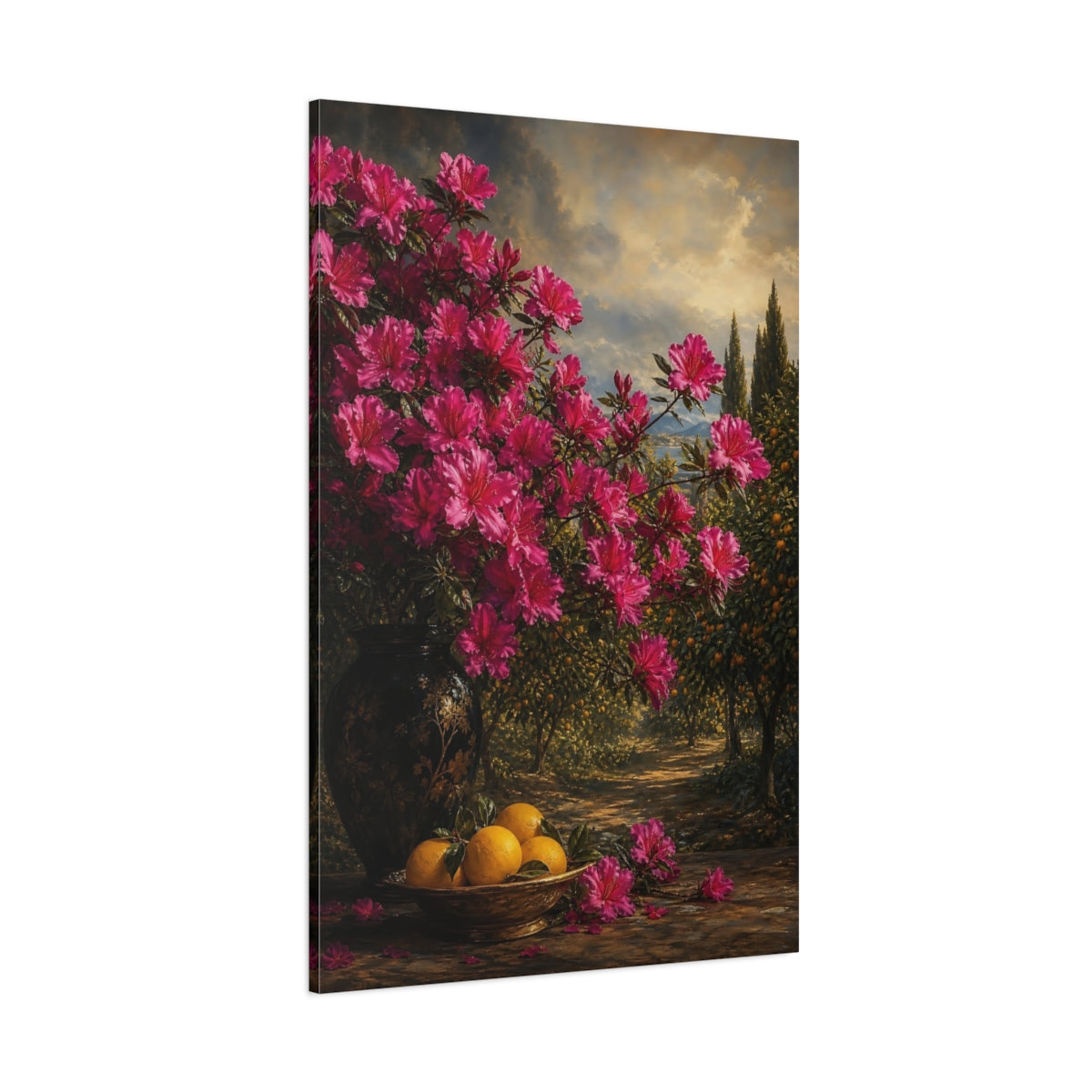 Side Mockup 1. Floral Azalea Flowers Pink Floral Landscape shown as stretched canvas wall art