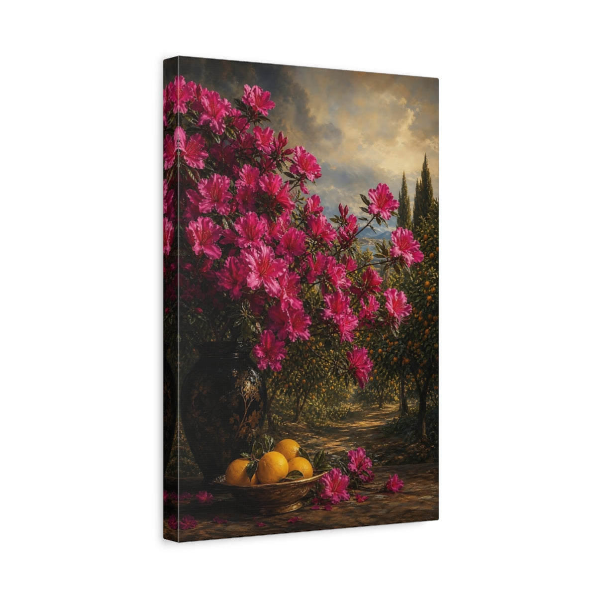 Side Mockup 4. Floral Azalea Flowers Pink Floral Landscape shown as stretched canvas wall art