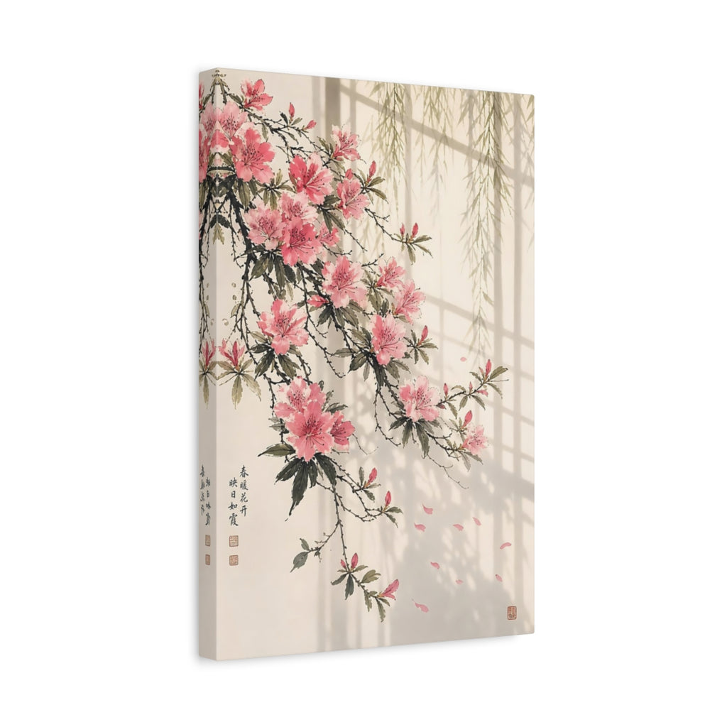 Side Mockup 4. Floral Azaleas Pink And Green shown as stretched canvas wall art
