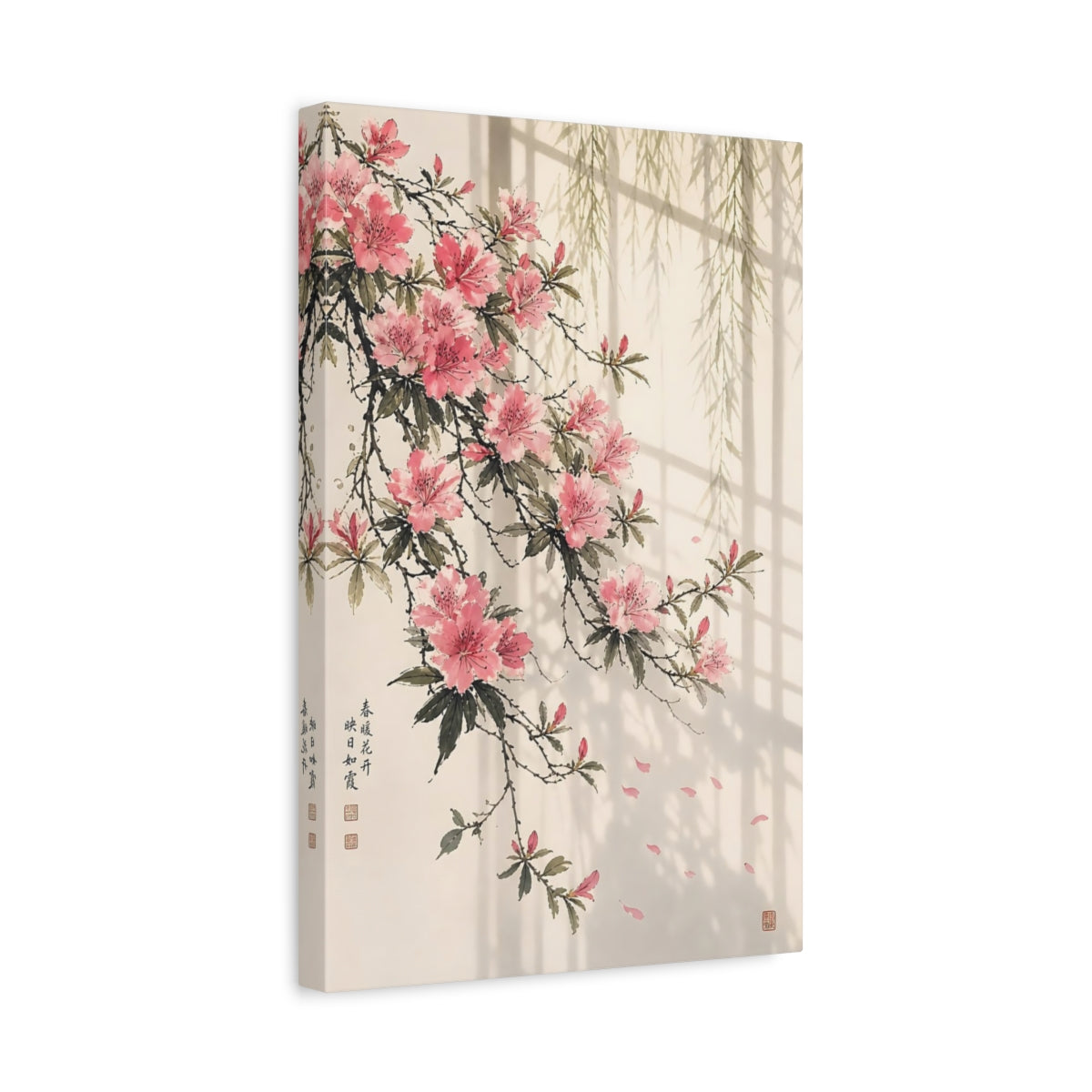 Side Mockup 4. Floral Azaleas Pink And Green shown as stretched canvas wall art