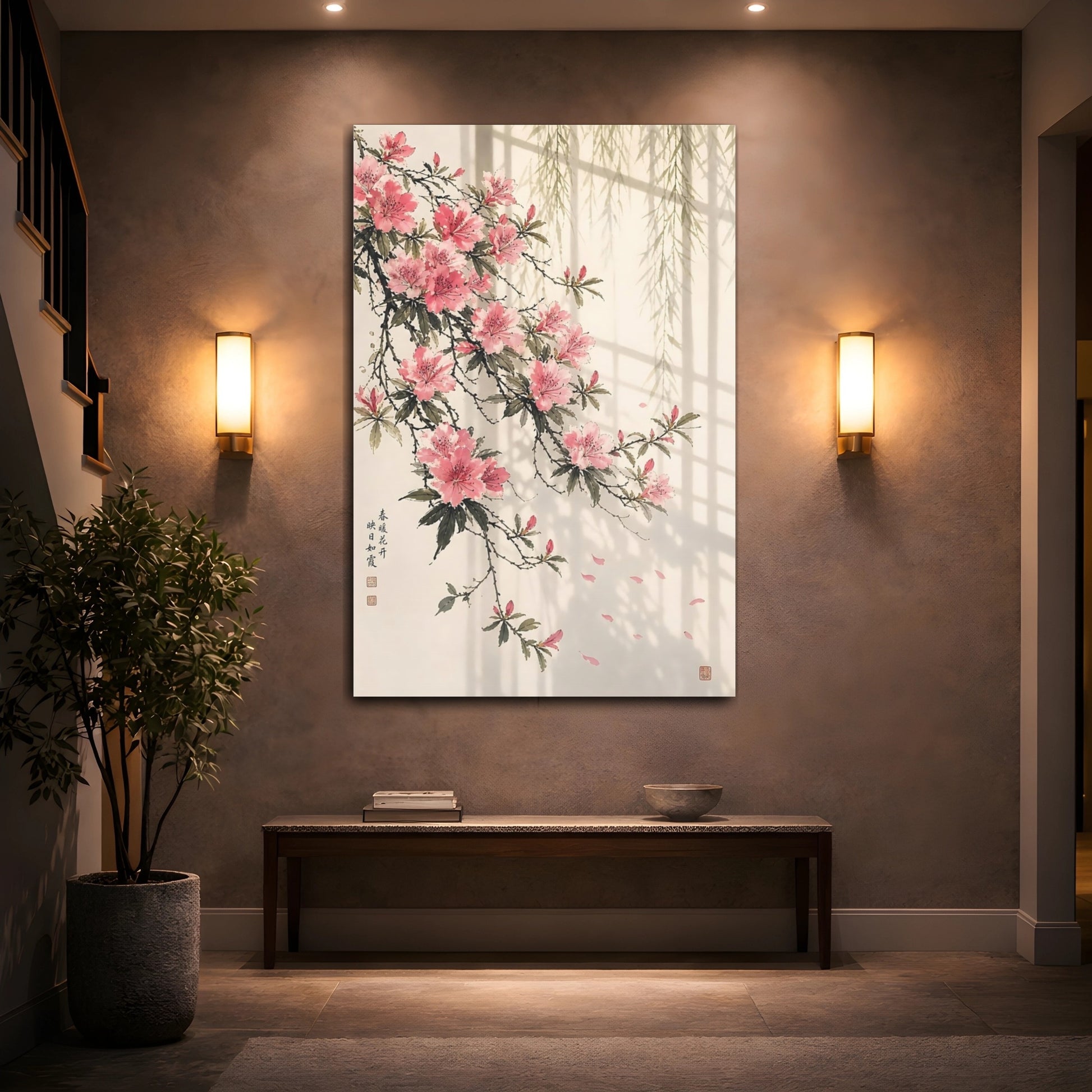 Mockup 2. Floral Azaleas Pink And Green shown as stretched canvas wall art