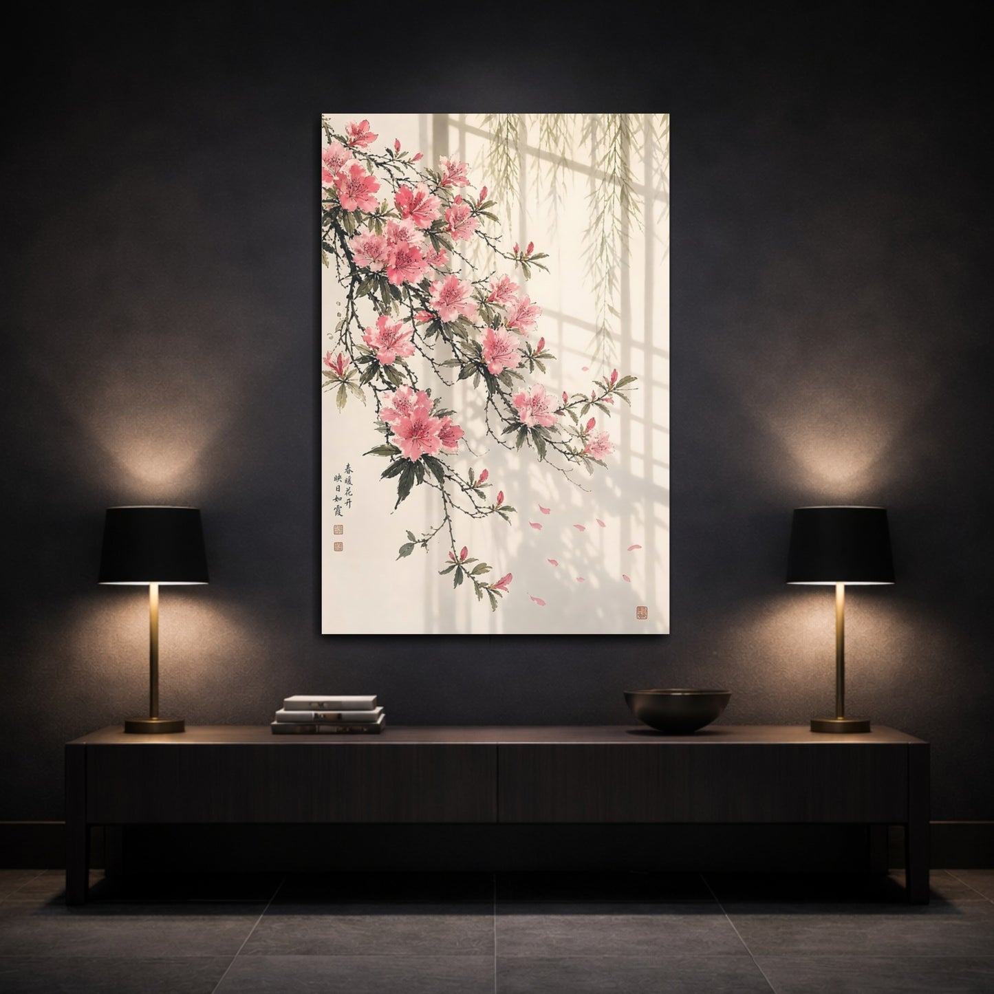Mockup 3. Floral Azaleas Pink And Green shown as stretched canvas wall art