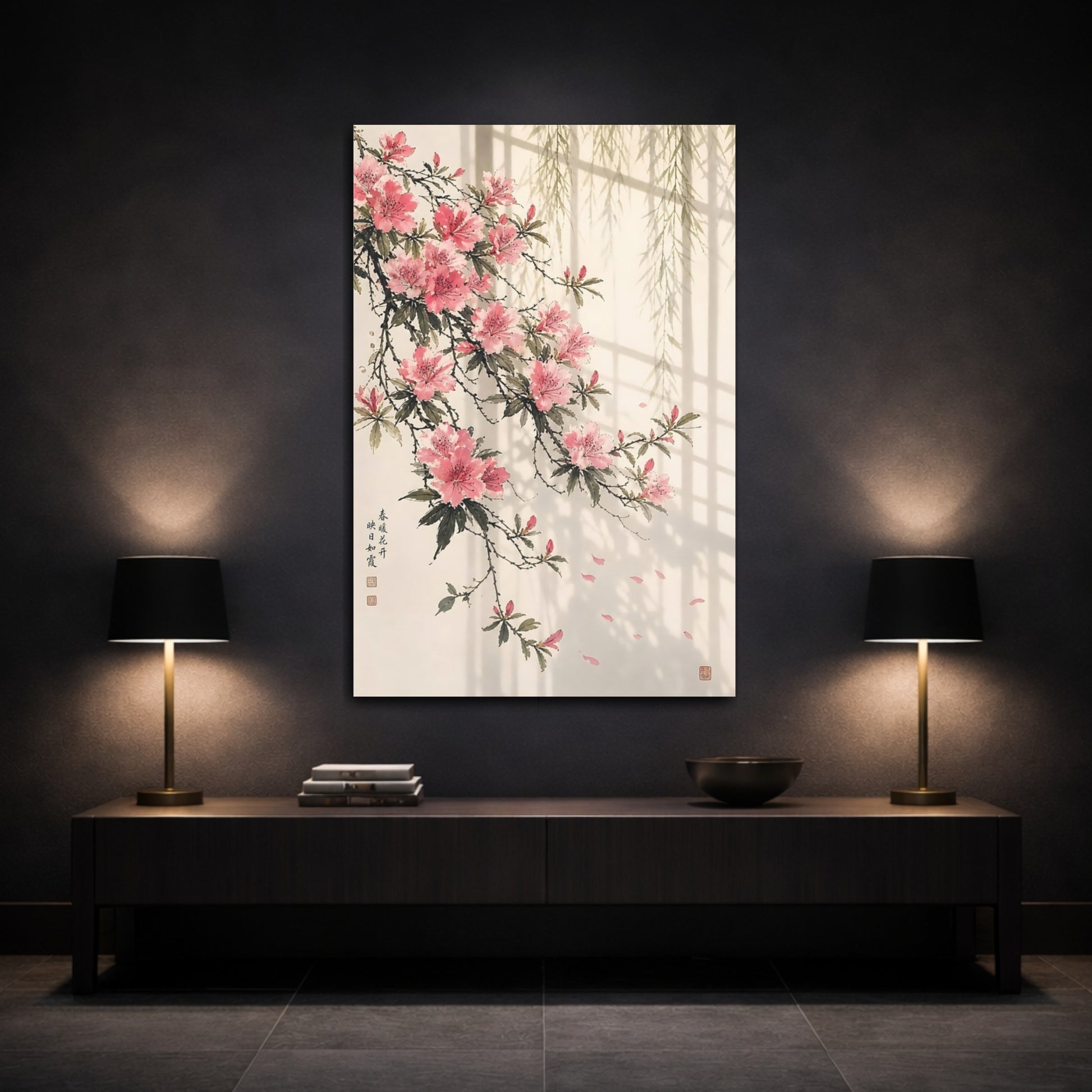 Mockup 3. Floral Azaleas Pink And Green shown as stretched canvas wall art