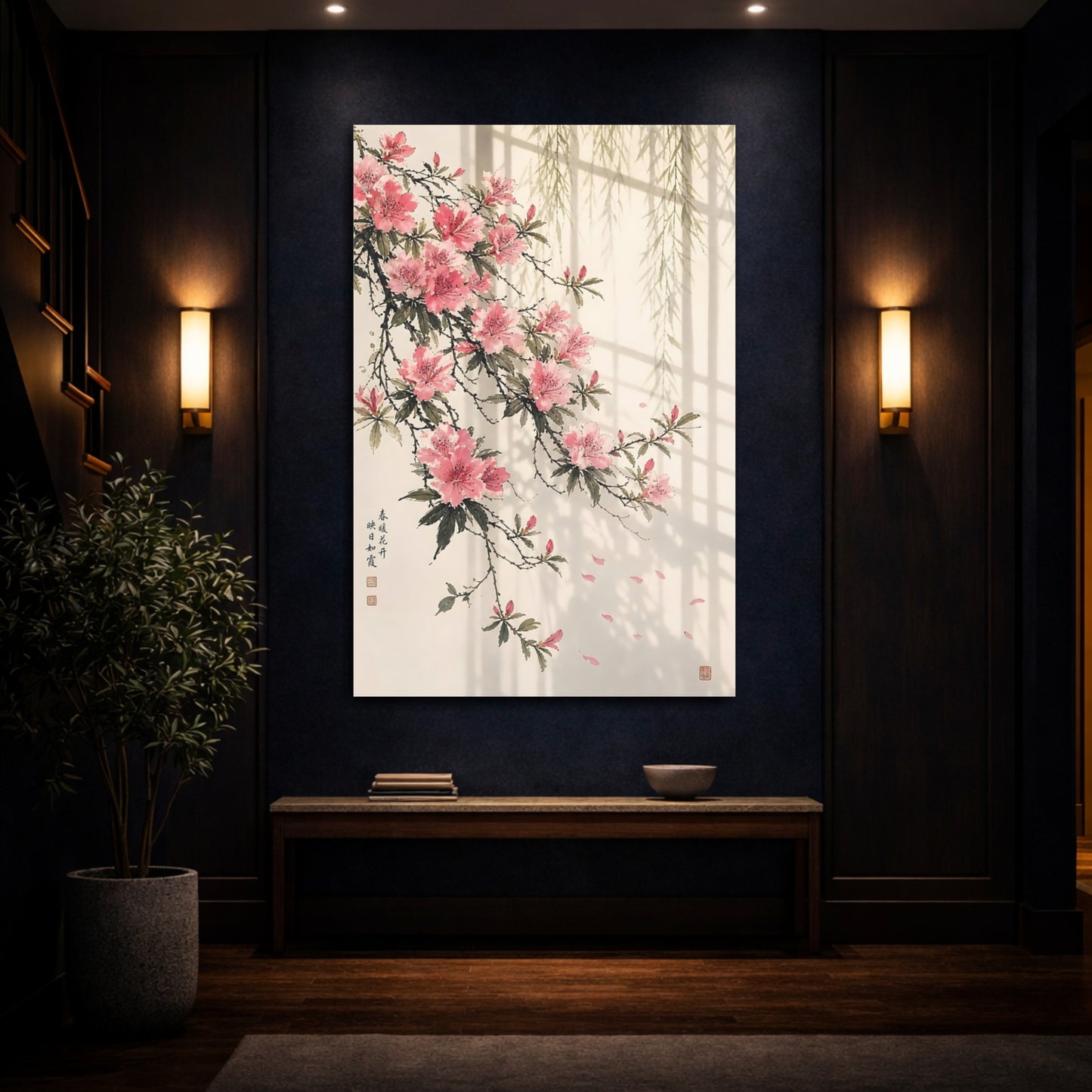 Mockup 4. Floral Azaleas Pink And Green shown as stretched canvas wall art