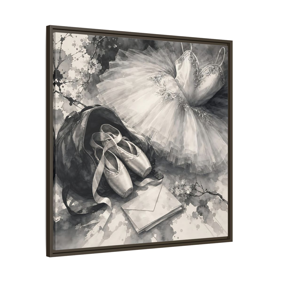 Main Mockup. Floral Ballet Shoes Monochrome Ballet shown as framed canvas print