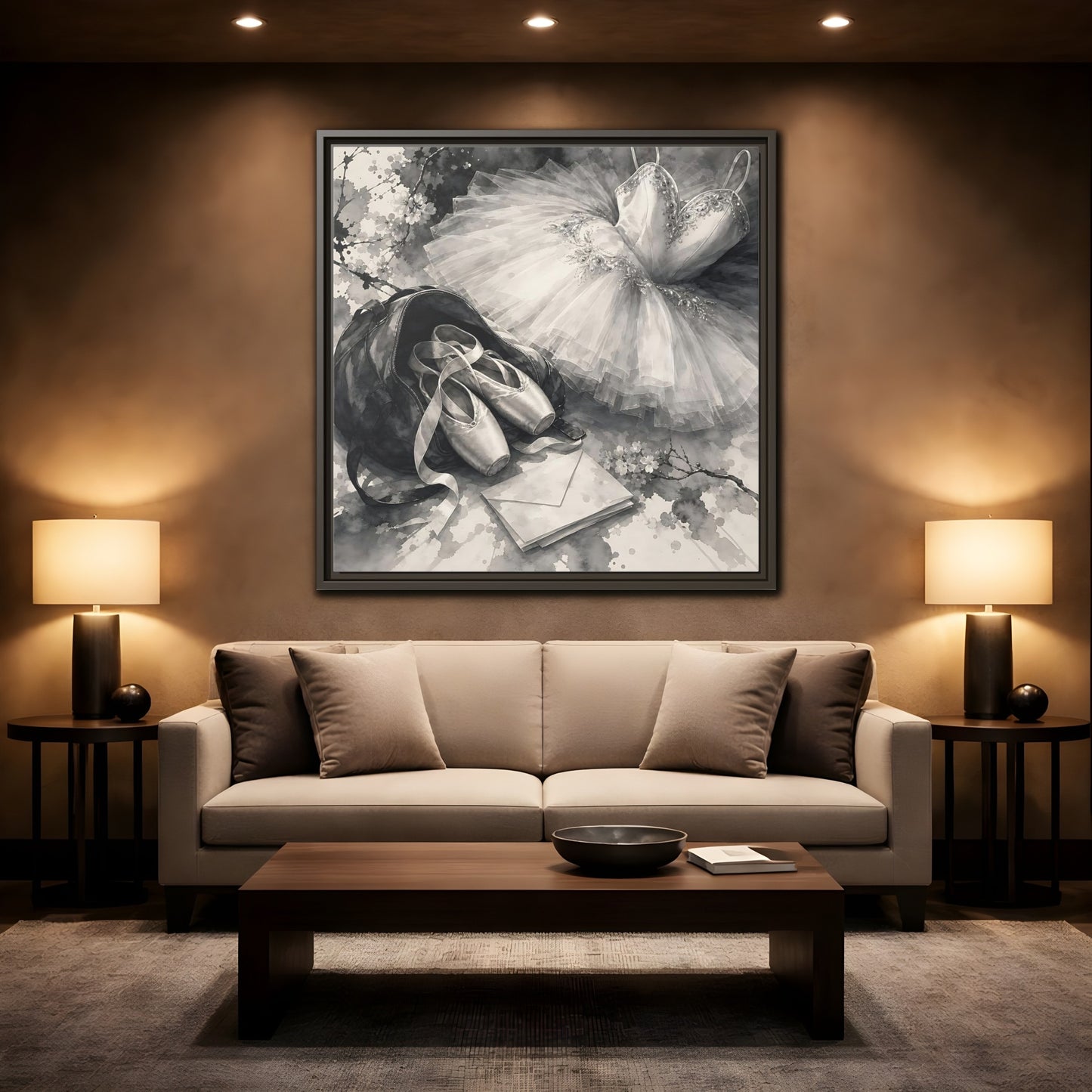Mockup 2. Floral Ballet Shoes Monochrome Ballet shown as framed canvas print