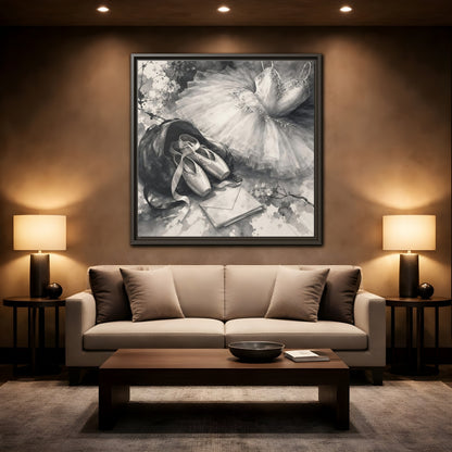 Mockup 2. Floral Ballet Shoes Monochrome Ballet shown as framed canvas print