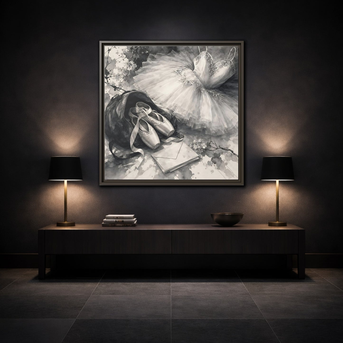 Mockup 3. Floral Ballet Shoes Monochrome Ballet shown as framed canvas print