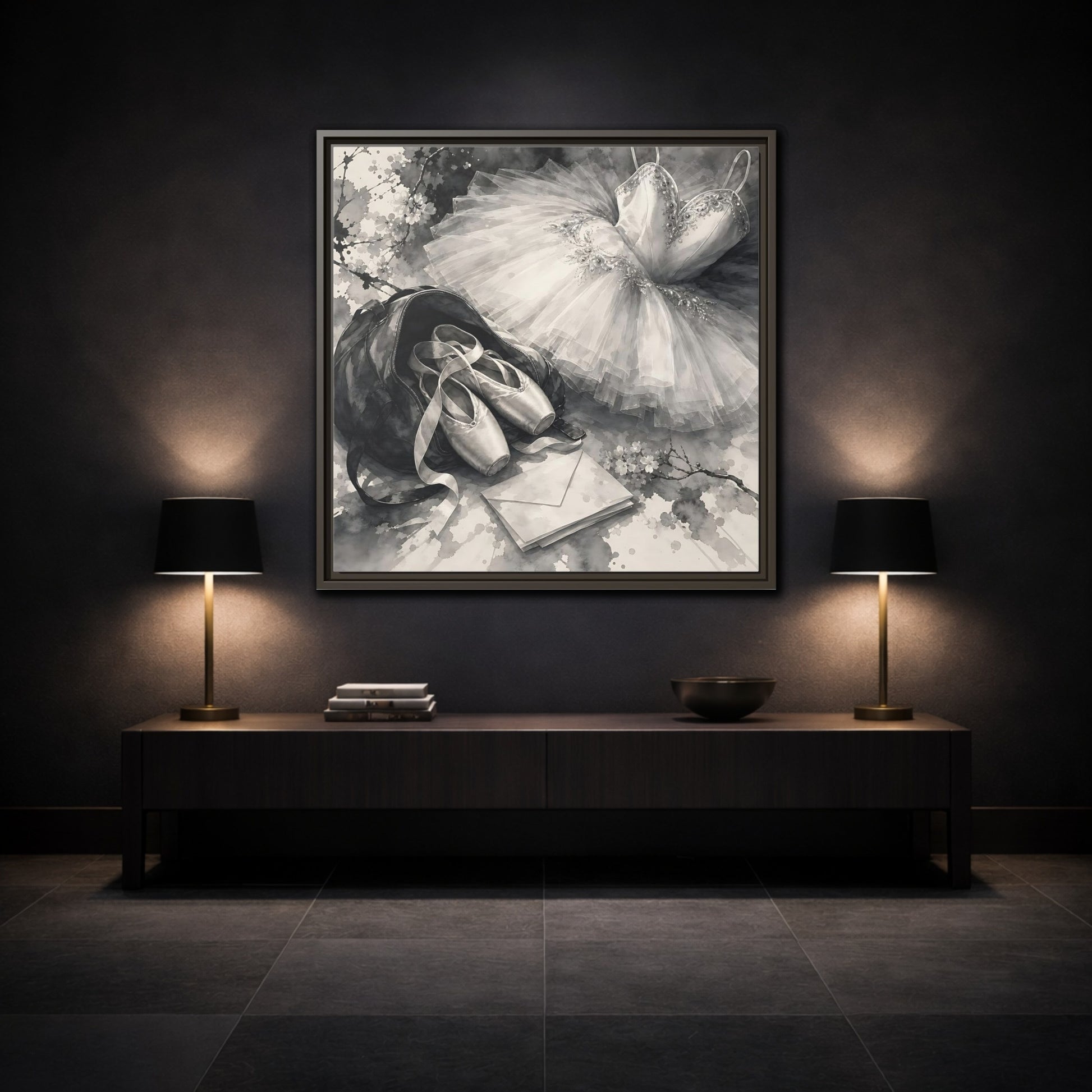 Mockup 3. Floral Ballet Shoes Monochrome Ballet shown as framed canvas print