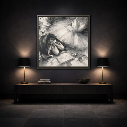 Mockup 3. Floral Ballet Shoes Monochrome Ballet shown as framed canvas print