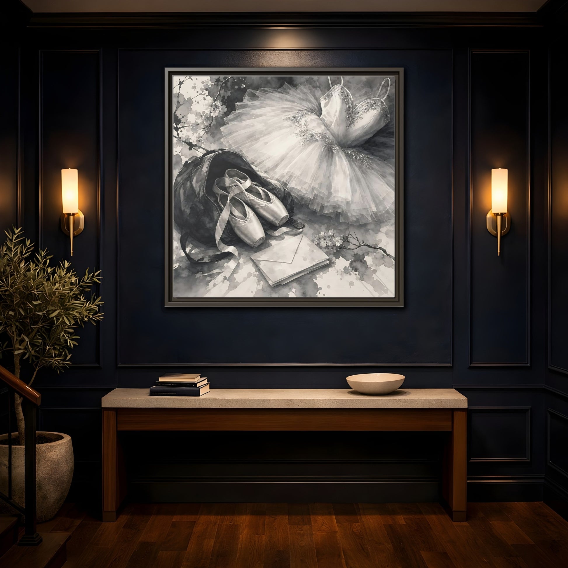 Mockup 4. Floral Ballet Shoes Monochrome Ballet shown as framed canvas print