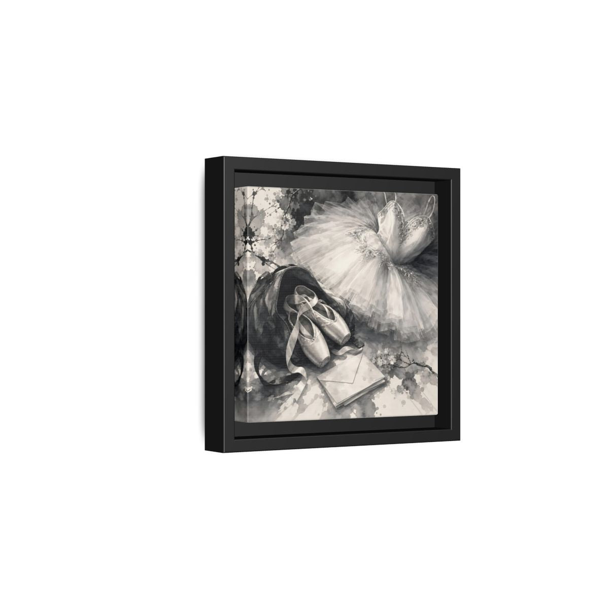 Side Mockup 3. Floral Ballet Shoes Monochrome Ballet shown as framed canvas print