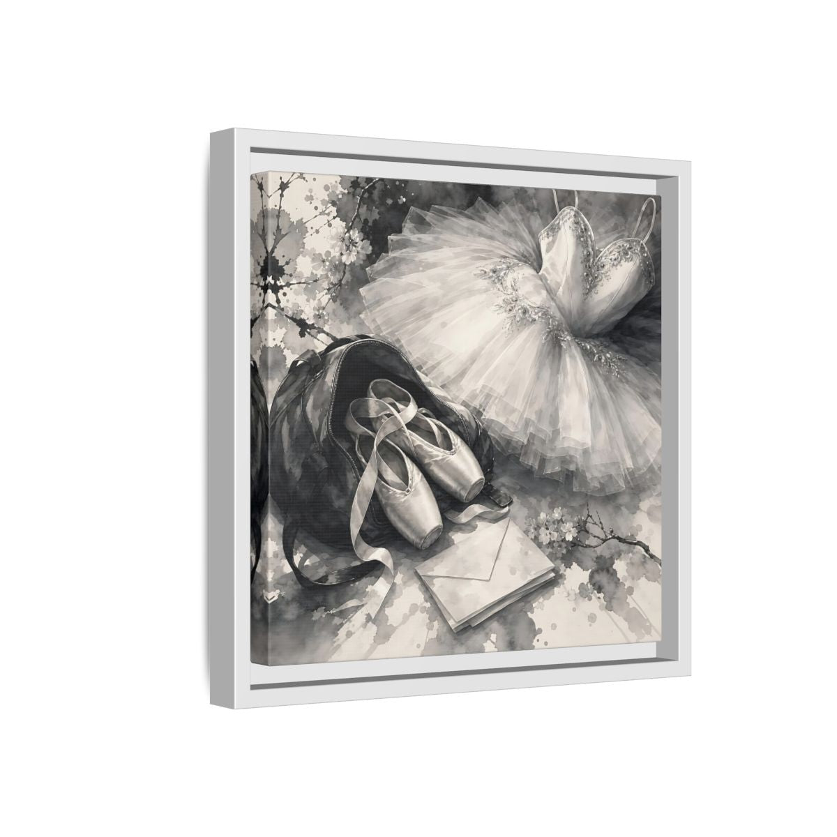Side Mockup 16. Floral Ballet Shoes Monochrome Ballet shown as framed canvas print