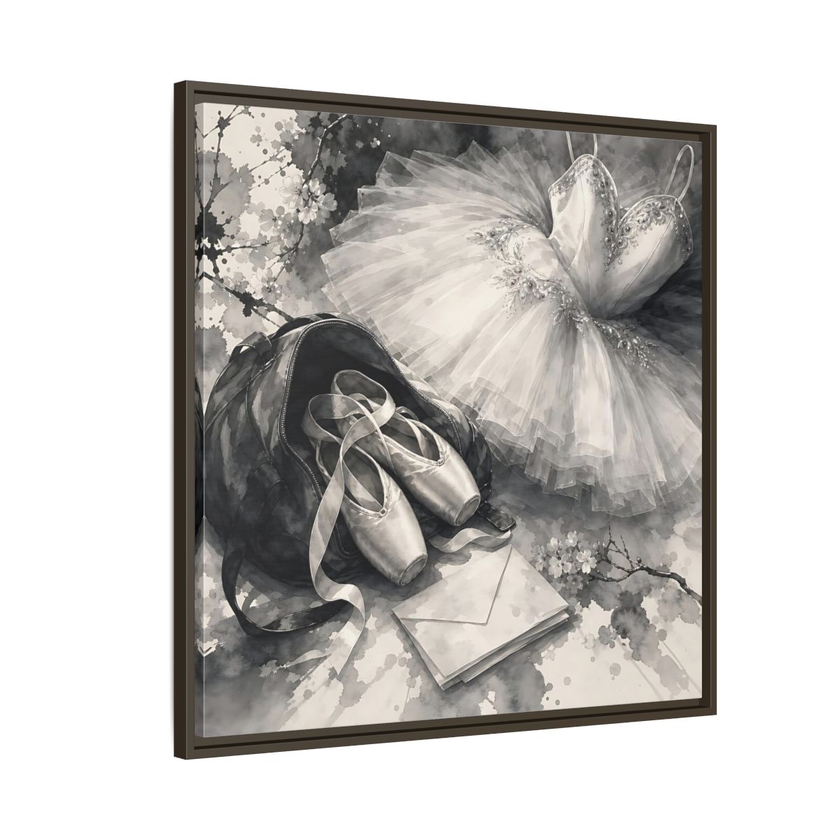 Side Mockup 8. Floral Ballet Shoes Monochrome Ballet shown as framed canvas print