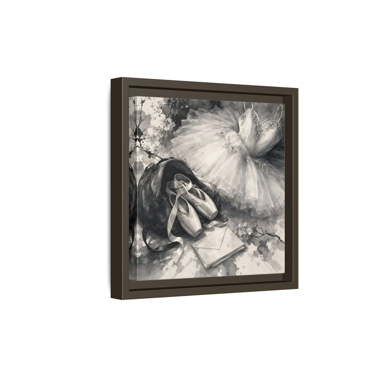 Side Mockup 20. Floral Ballet Shoes Monochrome Ballet shown as framed canvas print