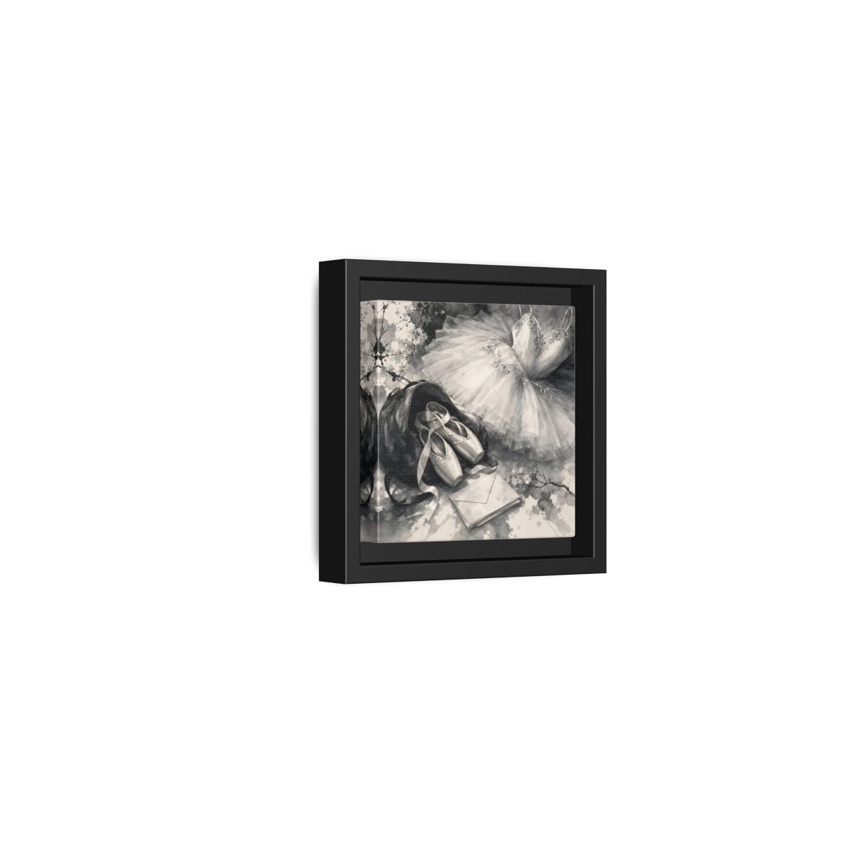 Side Mockup 24. Floral Ballet Shoes Monochrome Ballet shown as framed canvas print