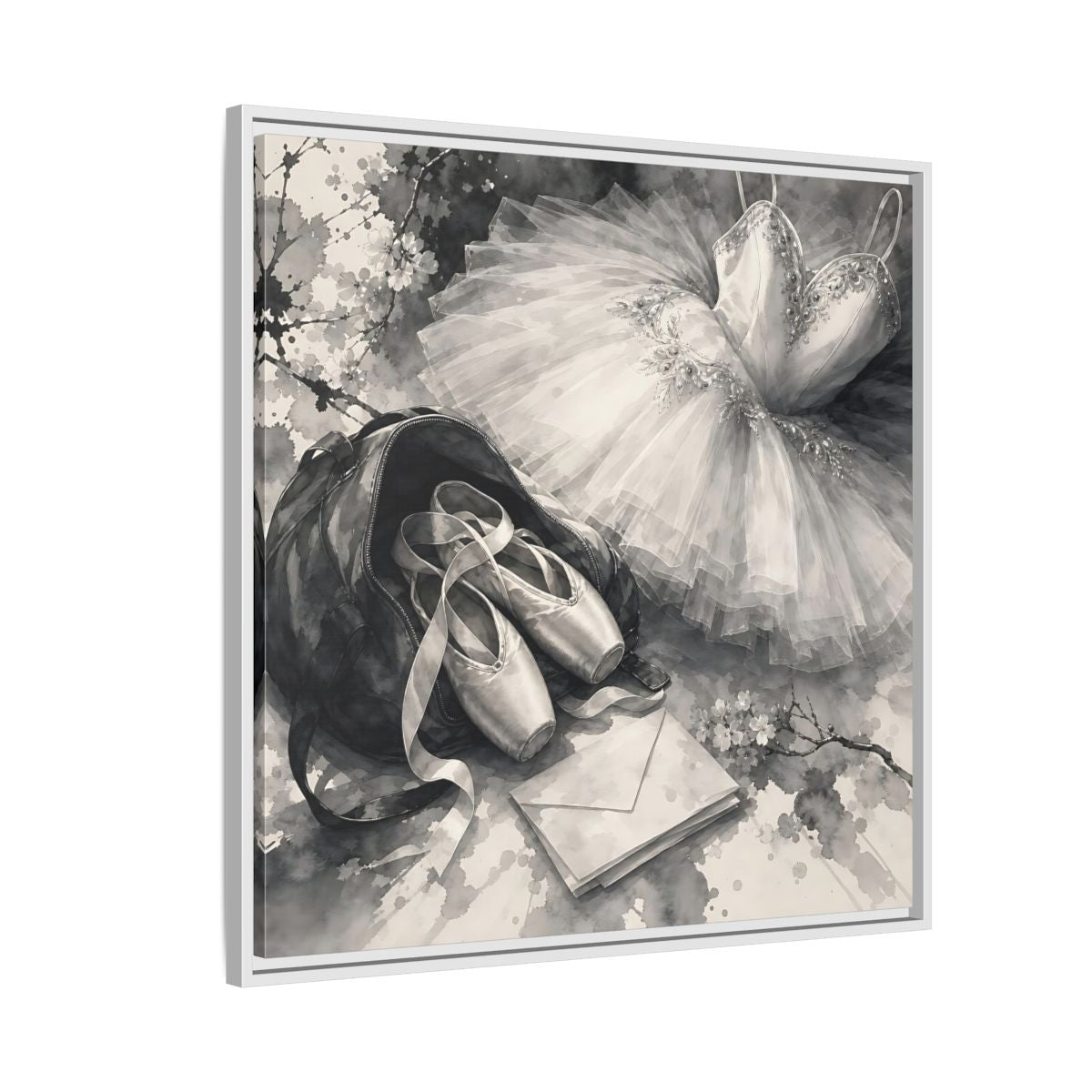 Side Mockup 7. Floral Ballet Shoes Monochrome Ballet shown as framed canvas print