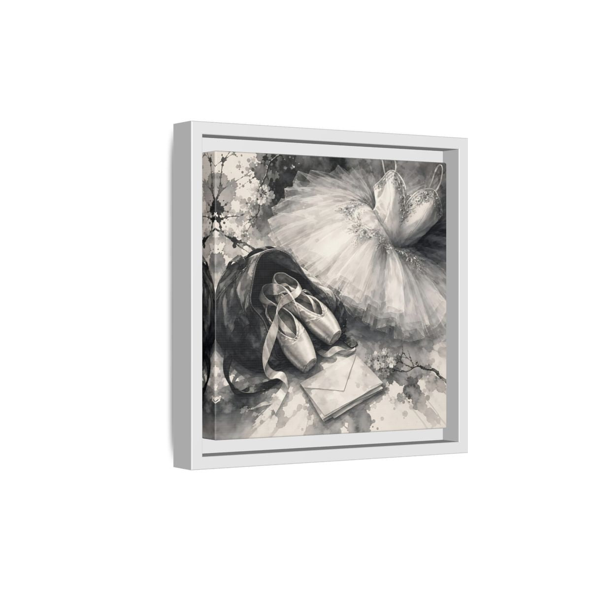 Side Mockup 19. Floral Ballet Shoes Monochrome Ballet shown as framed canvas print