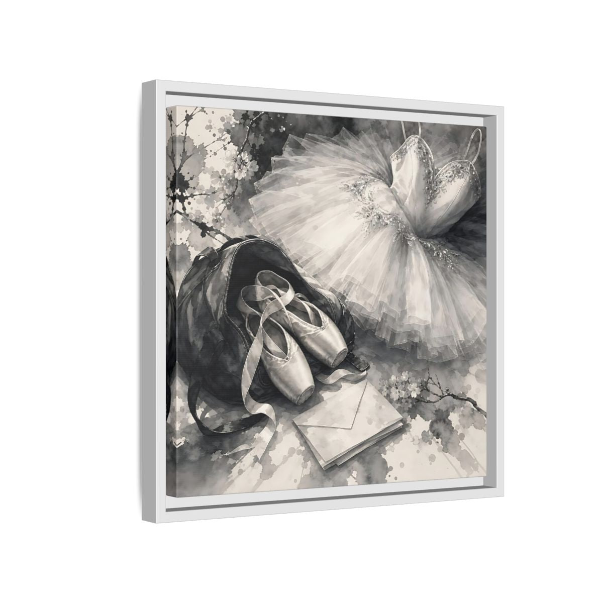 Side Mockup 13. Floral Ballet Shoes Monochrome Ballet shown as framed canvas print