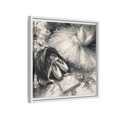 Side Mockup 13. Floral Ballet Shoes Monochrome Ballet shown as framed canvas print