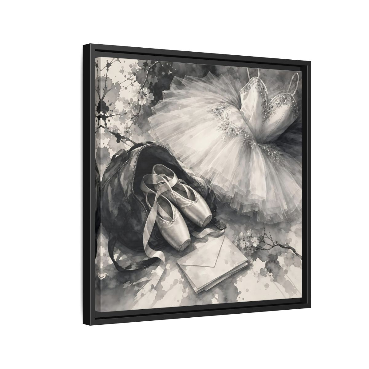 Side Mockup 12. Floral Ballet Shoes Monochrome Ballet shown as framed canvas print